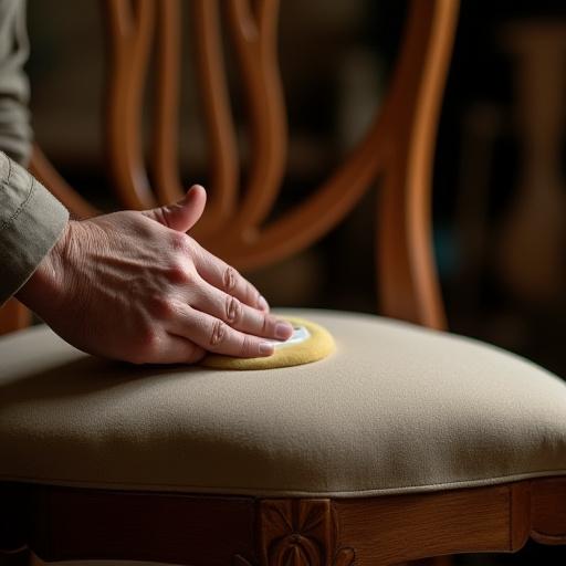 Un artigiano che lucida una sedia antica restaurata.